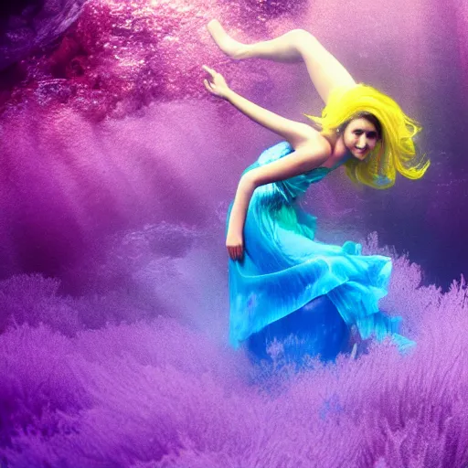 Image similar to woman dancing underwater wearing a flowing dress made of blue, magenta, and yellow seaweed, delicate coral sea bottom, swirling silver fish, swirling smoke shapes, octane render, caustics lighting from above, cinematic