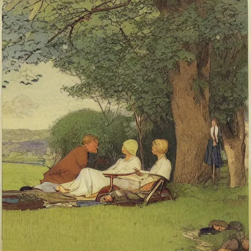 Image similar to Print. Conceptual art, the warm, golden light of the sun casts a beautiful glow on the scene, and the gentle breeze ruffles the leaves of the trees. The figures in the conceptual art are engaged in a simple activity, the way they are positioned and the expressions on their faces suggest a deep connection. Peace and contentment, idyllic setting. by Walter Langley evocative, subtle