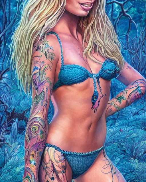 Prompt: margot robbie portrait with a tattooed body posing in a magical crochet bikini in a magical forest, beautiful eyes, realistic face, full body, fantasy art, in the style of Fernando Juarez, illustration, epic, fantasy, intricate, hyper detailed, artstation, concept art, smooth, sharp focus, ray tracing, vibrant