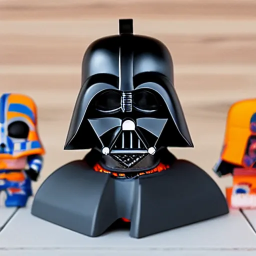 Prompt: a battery operated coin bank built from a FUNKO Darth Vader with his mouth open for a child to insert a penny, 3D, render