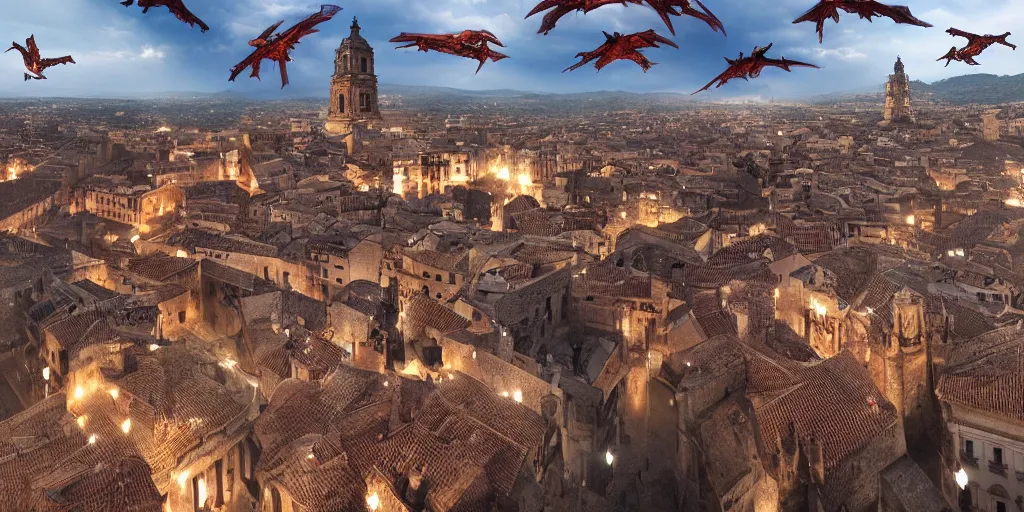 Image similar to the monumental city of caceres with dragons flying over it, dramatic lighting, cinematic, extremly high detail, photorealistic, cinematic lighting, post processed, concept art, artstation, matte painting, style by greg rutkowsky