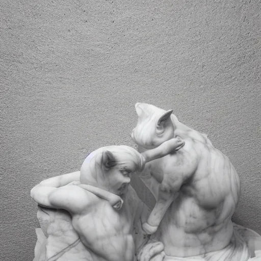 Image similar to two cats play with flowing cloths, marble sculpture, Geovanni Strazza, Bernini, Greek, studio lighting, smooth, bright, 4K, photography, contrast, beautiful lighting, volumetric lighting