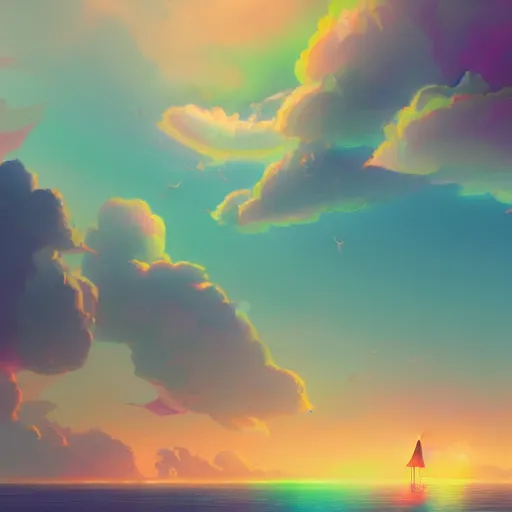 Prompt: a beautiful detailed 3d matte painting of peaceful cloud, ocean , island with flower, colourful energies in a brilliantly coloured, by beeple, Makoto Shinkai, and Nicolas Party , trendy on artstation