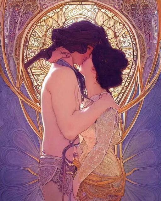 Image similar to the kiss | highly detailed | very intricate | art nouveau | gold filigree | romantic storybook fantasy | soft cinematic lighting | award - winning | painted by mandy jurgens and alphonse mucha and alena aenami | pastel color palette | featured on artstation