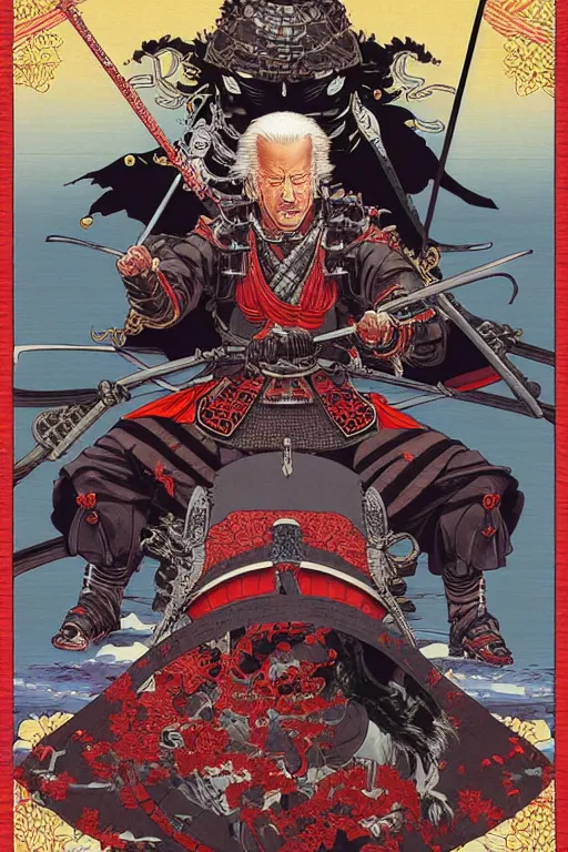 Image similar to poster of joe biden as a samurai, by yoichi hatakenaka, masamune shirow, josan gonzales and dan mumford, ayami kojima, takato yamamoto, barclay shaw, karol bak, yukito kishiro, highly detailed