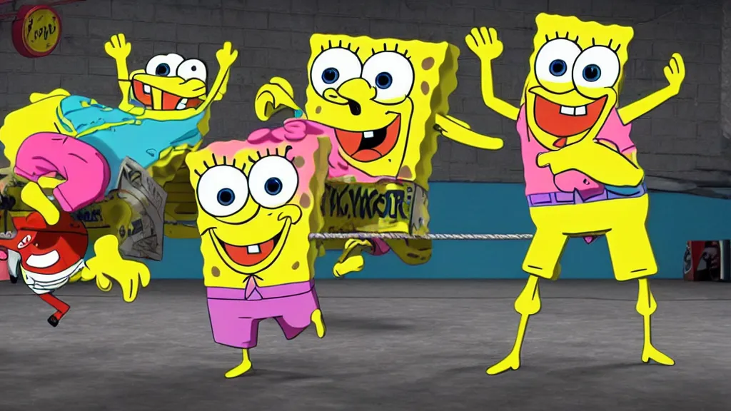 Image similar to spongebob squarepants as an mma fighter, in the ring for a big fight, wide shot, 3 d, hyperrealistic, rendered in octane