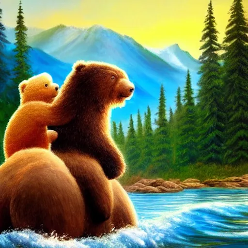 Image similar to bob ross riding on the back of two bears across a river, a colorized photo by bob ross, shutterstock contest winner, fantastic realism, bob ross, national geographic photo, majestic