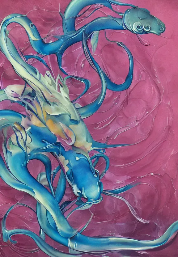 Image similar to a biomorphic painting of a koi, flower, surrealist painting by krenz cushart and dorothea tanning, pastel blues and pinks, melting, plastic, featured on artstation, tentacles, pink bees, metaphysical painting, oil on canvas, fluid acrylic pour art, airbrush art, concept art hyper realistic, rococo, lovecraftian