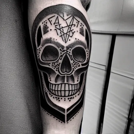 Image similar to tattoo design, stencil, tattoo stencil, traditional, a world famous tattoo of a geometric skull with a galaxy coming out of the top of its head-s 100