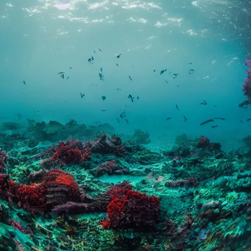 Image similar to Photograph of a gigantic city underwater, photo-realistic, colorful, seaweed, dark, smog, complex,