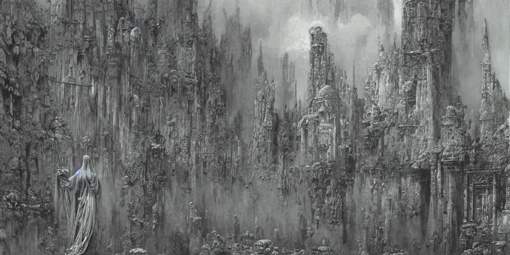 Image similar to an ultra detailed paradise with saintly robed figures, art by beksinski