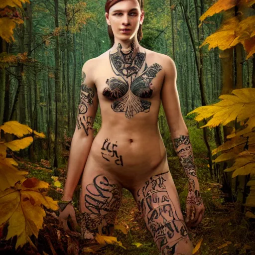 Image similar to A perfect female goddess stands for a waist up portrait with her body sightly wrapped in thin gold wire creatively arranged so as to look like tattoos, in a forrest of fall colors, hyper photo realistic 8K HD HDRI, photo by Annie Leibovitz.