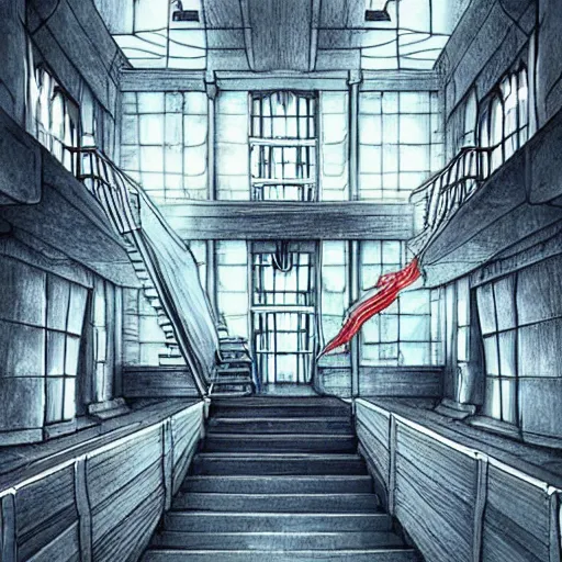 Image similar to “the inside of a huge white building with with many doors and stairs, confusing, creepy, mind bending, doors, strange dimensions, anime style, detailed background, very detailed”