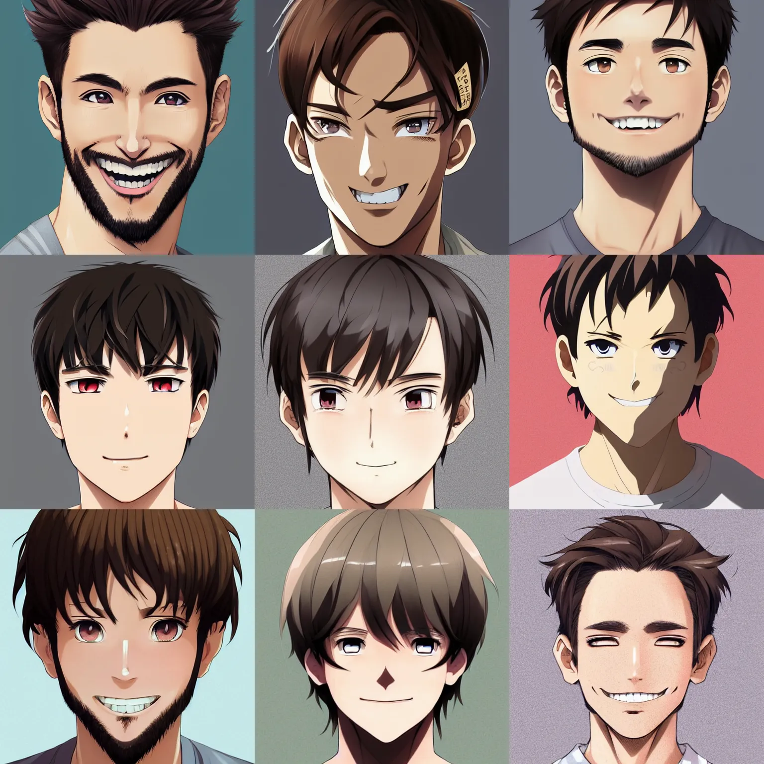 Prompt: A medium shot anime portrait of a smiling anime man with short light brown hair, grey eyes, light brown hair, short facial hair, medium shot portrait, his whole head fits in the frame, solid color background, flat anime style shading, head shot, 2d digital drawing by Stanley Artgerm Lau, WLOP, Rossdraws, James Jean, Andrei Riabovitchev, Marc Simonetti, and Sakimi chan, trending on artstation