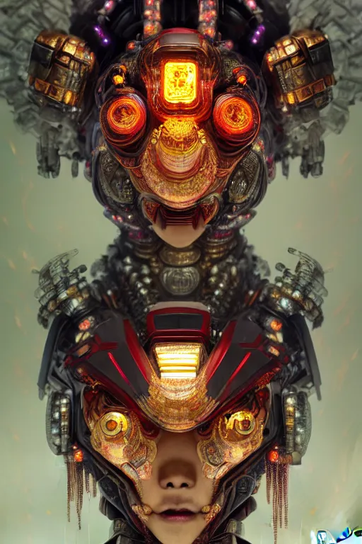 Image similar to asura from chinese myth, ghost, gorgeous and huge head ornaments, dystopian, cyberpunk, organic fractal mycelum and fungi, mecha, halfturn portrait of a big crystal face made of crystals half - turn, ominous, intricate, studio, art by anthony macbain + greg rutkowski + alphonse mucha, concept art, 4 k, sharp focus