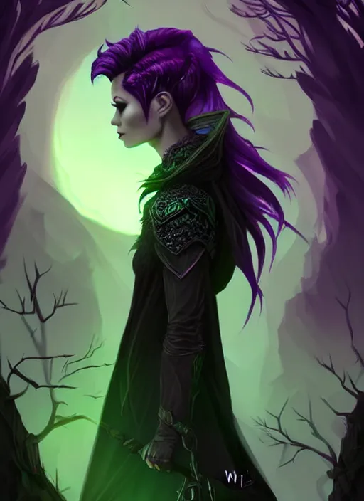 Image similar to side portrait dark witch, adventurer outfit large cloak, fantasy forest landscape, dragon scales, fantasy magic, undercut hairstyle, short purple black fade hair!!!!!!, dark light night, intricate, elegant, sharp focus, illustration, highly detailed!!!!!!!, digital painting, concept art, green neon smoke, matte painting, art by WLOP and Artgerm and Greg Rutkowski and Alphonse Mucha, masterpiece