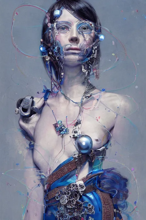 Image similar to an epic non - binary model, subject wearing a belt made out of computer mice, flowing, ornate, beautiful, intricate, muted tonal colors, with few ultramarine highlights, by jeremy mann and ilya kuvshinov, jamie hewlett and ayami kojima, trending on artstation, bold 2 d