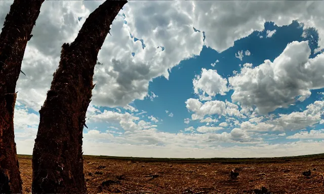 Image similar to panorama of big raindrops flying upwards into the perfect cloudless blue sky from a dried up river in a desolate land, dead trees, blue sky, hot and sunny highly-detailed, elegant, dramatic lighting, artstation, 4k, cinematic landscape, photograph by National Geographic