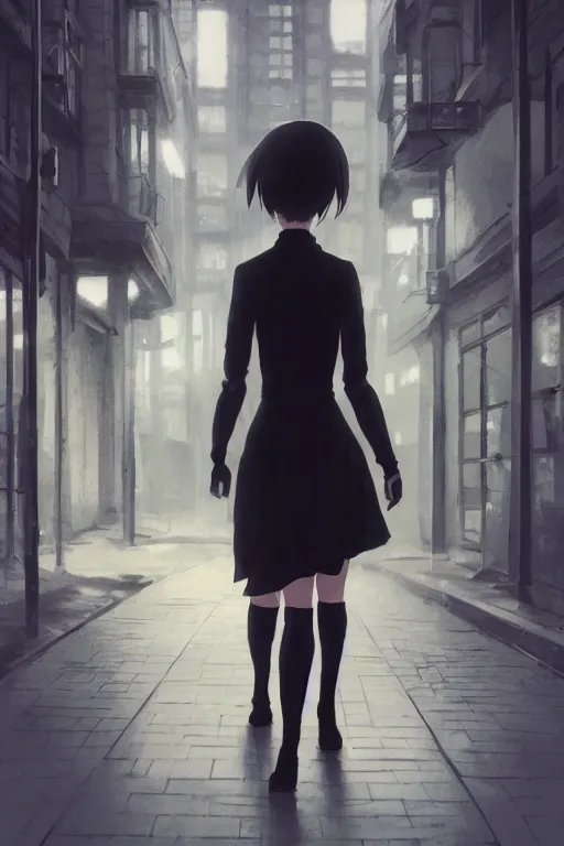 Image similar to a woman in a black dress and thigh highs walking in a dark soviet city, digital illustration, beautiful face, volumetric, by makoto shinkai, by yoshitaka amano, by greg rutkowski, by dan mumford, highly detailed, composition, 4 k, forward facing pose, detailed street, photorealism, octane render