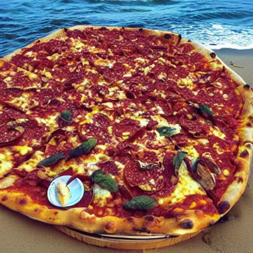 Prompt: “ a giant pile of pizza on the beach. contestants on the tv show survivor next to it excited. 8 k photo ”