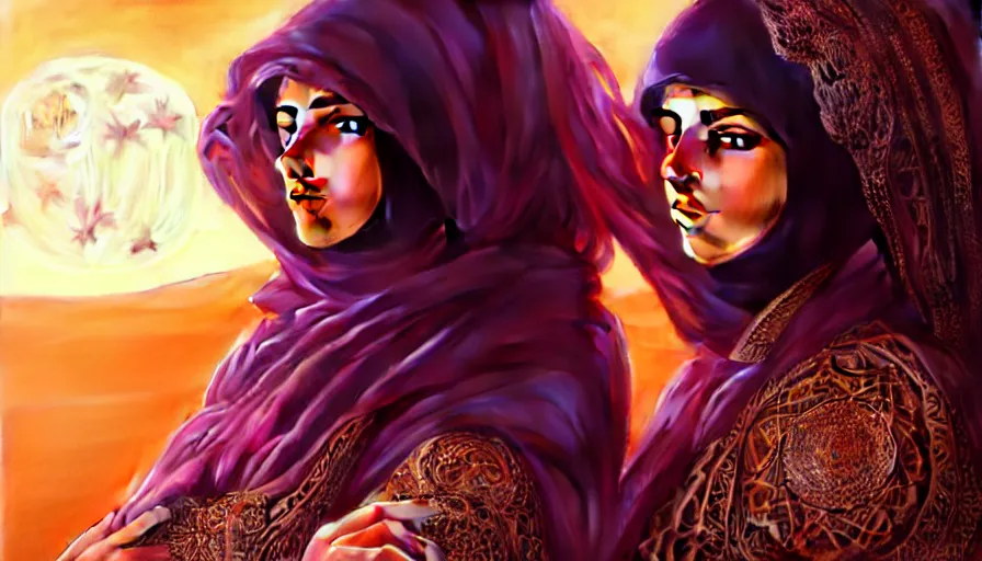 Image similar to Portrait of very very very very very very beautiful Arab woman wearing a Niqab, glowing magical eyes, energy trails, under giant full moon in the desert at night, intricate, elegant, highly detailed, digital painting, artstation, concept art, smooth, sharp focus, illustration, art by artgerm and greg rutkowski and alphonse mucha