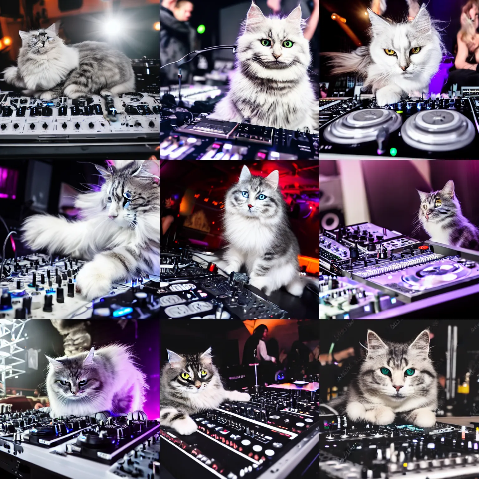 Prompt: a white and gray Siberian cat DJing at a club on CDJs and a pioneer mixer