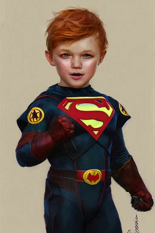 Image similar to a little boy with a michievous face and ginger hair. he is dressed as a superhero. clean elegant painting, beautiful detailed face. by artgerm and greg rutkowski