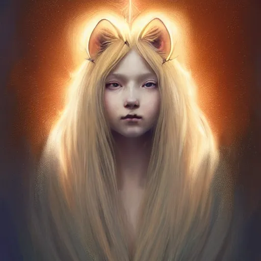 Image similar to Portrait of a girl angel with pale orange colored frizzy strands of illuminated hair, cat ears on her head, glowing halo, Lion's Mane, Lion's Gate, fantasy, intricate, elegant, highly detailed, digital painting, artstation, concept art, smooth, sharp focus, illustration, art by Krenz Cushart and Artem Demura and alphonse mucha