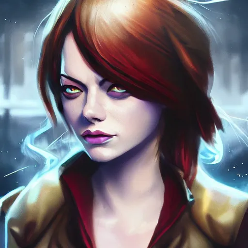 Image similar to emma stone portrait, arcane : league of legends, concept portrait, riot, game, detailed expression, high quality, cinematic lighting, fantasy, reflective, spotlight, digital artwork