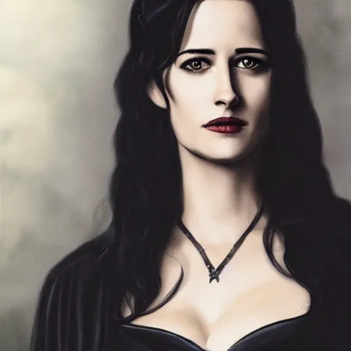 Image similar to portrait of a young eva green as yennefer from the witcher wearing black robes