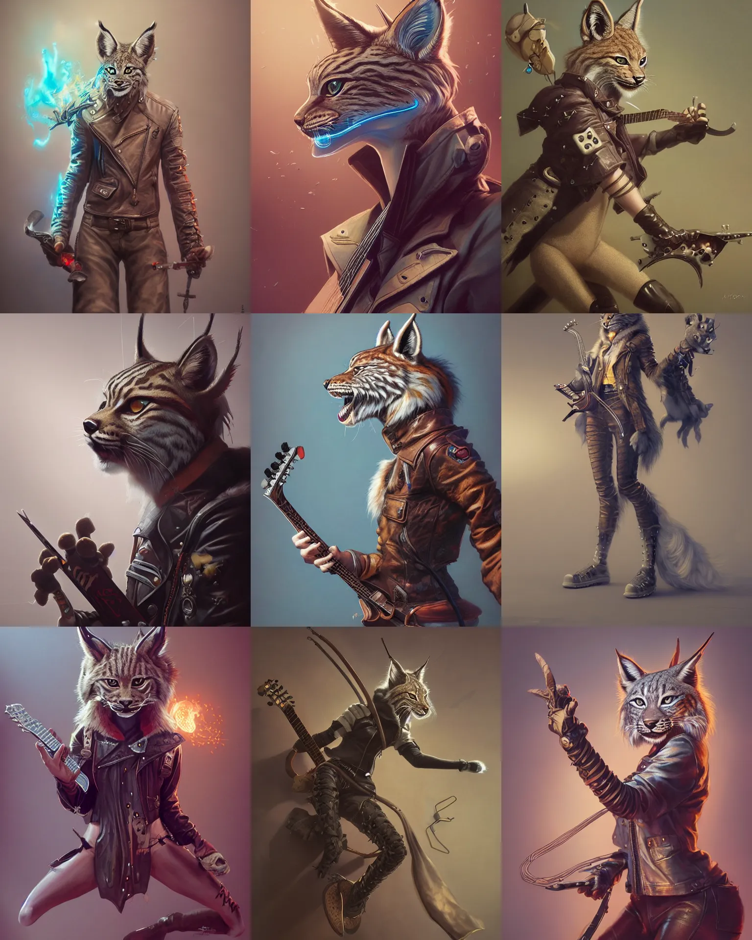 Prompt: an anthropomorphic lynx playing an electric guitar, leather jacket, fursona, 3 d render, hyper - realistic detailed portrait, fantasy, magic the gathering, hyper detailed, octane render, concept art, peter mohrbacher, ruan jia, wlop, artgerm