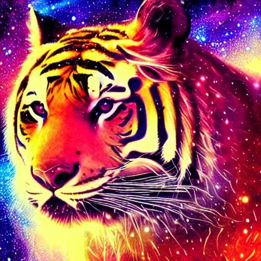 Image similar to geometric symmetrical tiger with galaxy eyes in space, nebula in the background, intricate, elegant, highly detailed, digital painting, artstation, concept art, smooth, sharp focus, illustration, art by artgerm