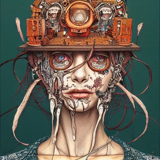 Image similar to beautiful portrait painted in jacek yerka and aykut aydogdu style drawn by vania zouravliov and takato yamamoto, inspired by cyberpunk, intricate acrylic gouache painting, high detail, sharp high detail, artstation, manga and anime