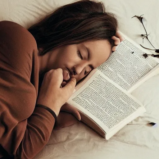 Image similar to “ very photorealistic photo of vines growing out of a woman ’ s book as she sleeps, award - winning details ”