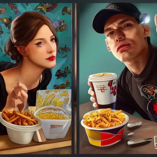 Prompt: youtuber jerma 9 8 5 ordering fastfood, highly detailed, digital painting, artstation, sharp focus, illustration, art by tan zi and ayanamikodon, artgerm and alphonse mucha and wlop