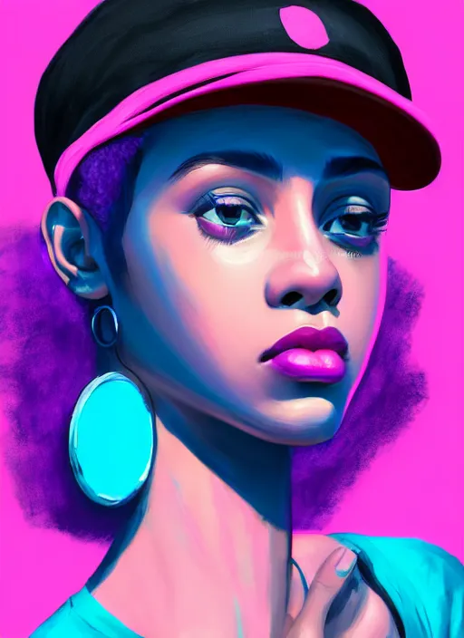 Image similar to portrait of teenage vanessa morgan with bright pink hair, black girl, curly pixie cut hair, wearing newsboy cap, pink short haircut, newsboy cap, hoop earrings, blue eyes, intricate, elegant, glowing lights, highly detailed, digital painting, artstation, concept art, smooth, sharp focus, illustration, art by wlop, mars ravelo and greg rutkowski