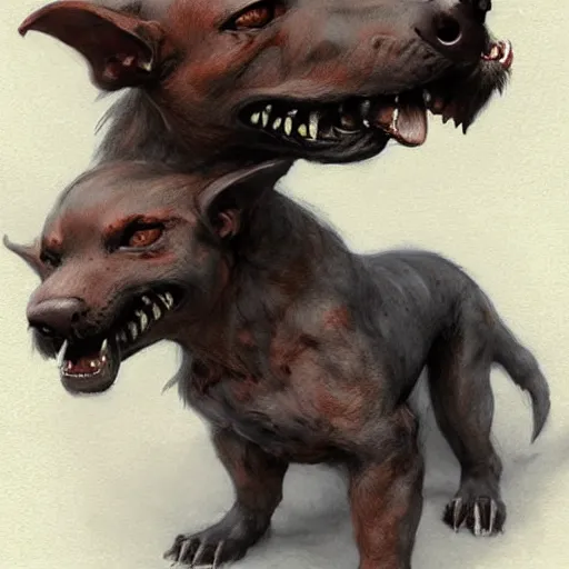 Prompt: cute, adorable, 3 - headed demon dog cerberus, painted by greg rutkowski, wlop