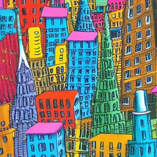 Image similar to colorful city with towers, bridges, stairs, inhabited by creatures, by dr seuss