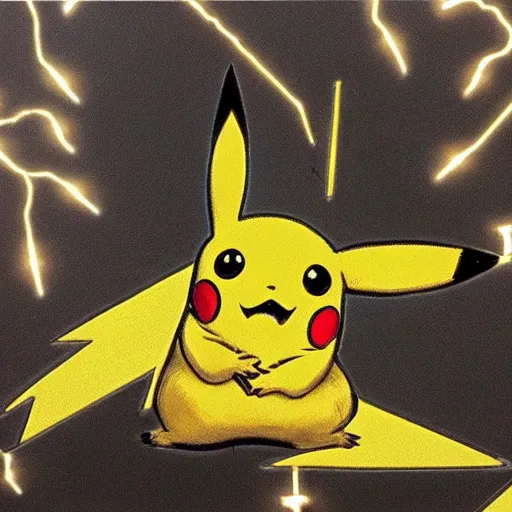 Prompt: Pikachu with electric bolts emitting from itself. Painted by Caravaggio, high detail