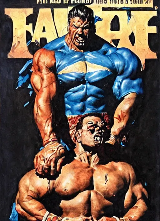Prompt: full body and head portrait of huge rich piana in tattered superhero costume, dynamic action, painted by norman rockwell and phil hale and greg staples and tom lovell and frank schoonover and jack kirby