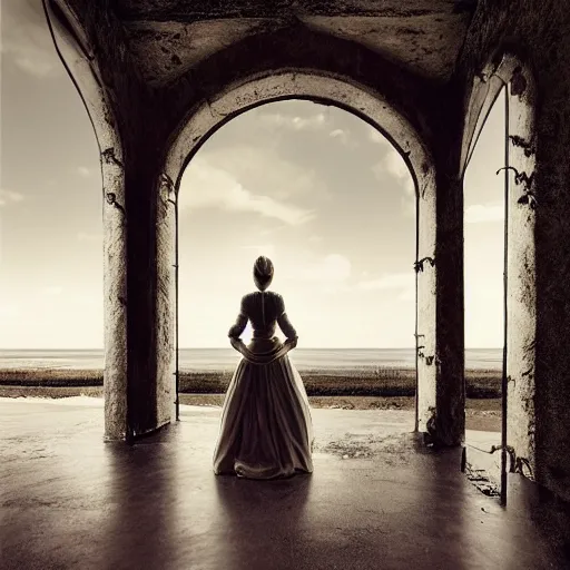 Prompt: Southern Gothic scene of a bride looking the distant shore, painted by Michal Karcz