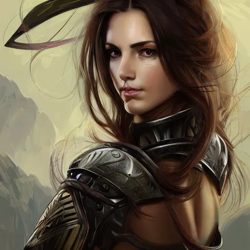 Image similar to a portrait of an attractive young woman, clothed in battle armor, olive skin, long dark hair, beautiful bone structure, symmetrical facial features, intricate, elegant, highly detailed, digital painting, trending on Artstation, concept art, smooth, sharp focus, illustration, in the style of artgerm and alphonse mucha