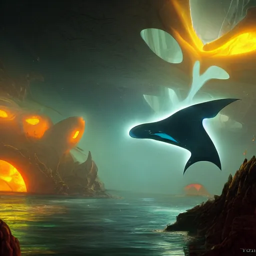 Image similar to ghostly transluscent manta rays floating in an amber atmosphere, sci fi concept art by tyler edlin, antoine blanchard, thomas cole