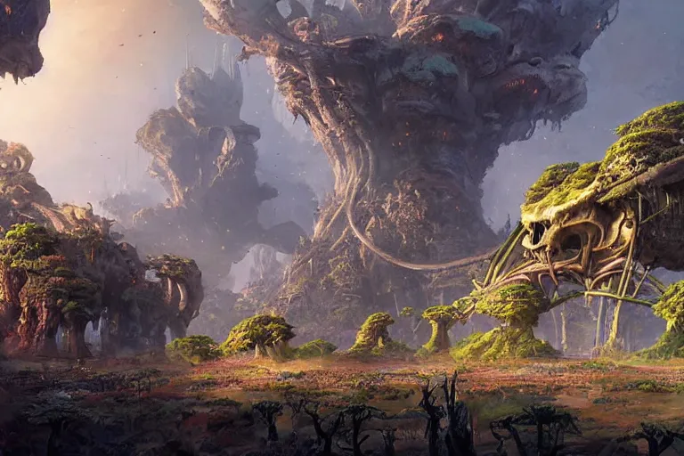 Image similar to fantasy illustration, baobab trees, mountain in shape of huge skull, insectoid aliens, by rodney matthews, wadim kashin, morgan weistling