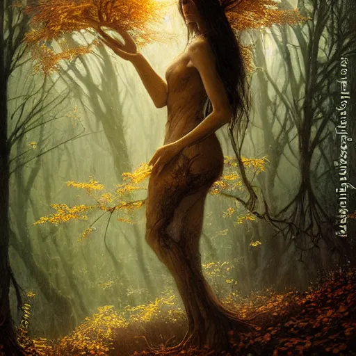 Prompt: portrait of a dryad in a forest of fey autumn maples by greg rutkowski and brian froud dark mysterious, filtered evening light