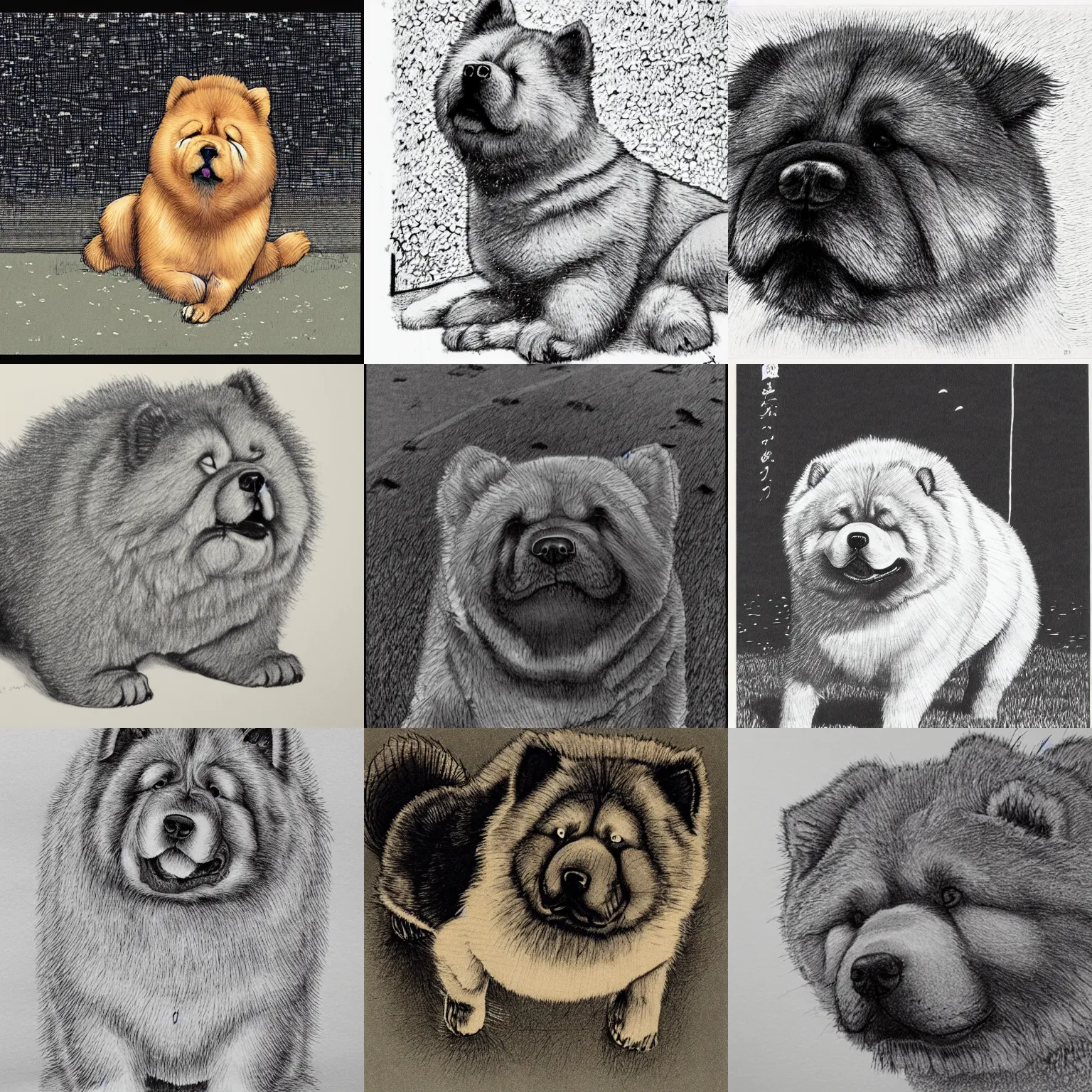 Prompt: a chow chow, super detailed, by asano inio, scene