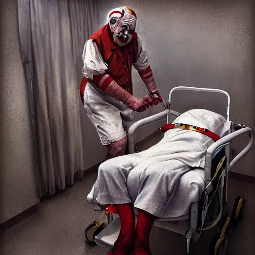 Image similar to elderly clown restrained to hospital bed with wrist restraints attached to hospital bed, greg rutkowski, photograph, 8 k