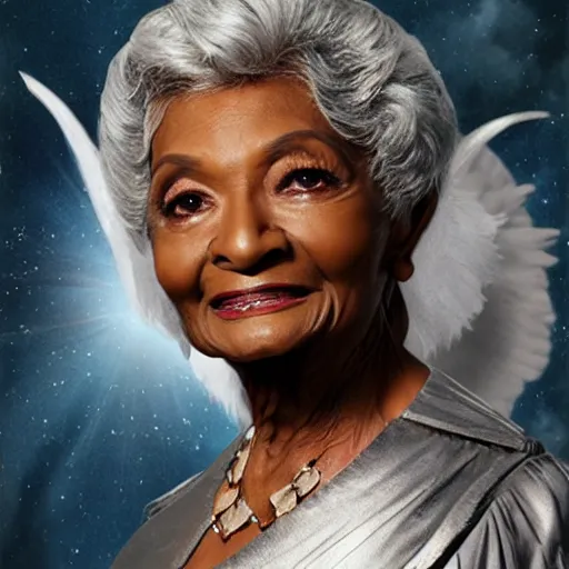 Image similar to nichelle nichols as a heavenly angel in cloud heaven photorealistic fantasy epic