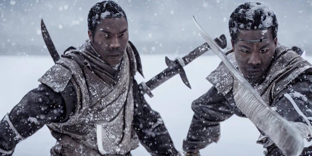 Prompt: a film still of a black man starring in a japanese blockbuster film as ancient samurai, having an intense sword fight in the snow, shallow depth of field, cinematic, award winning cgi, vfx, film still