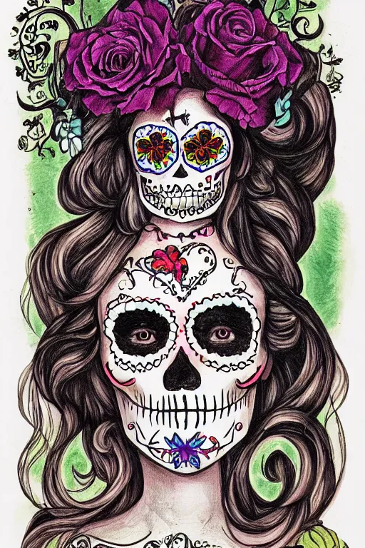 Image similar to Illustration of a sugar skull day of the dead girl, art by richard doyle